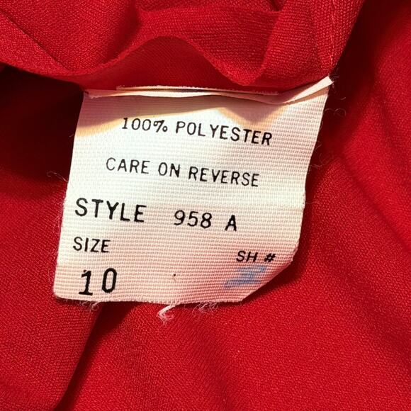 Vintage 80s Pat Richards Red Fringe Hem Cowl Back Ruched Waist Dress Size 10 USA - Picture 11 of 12